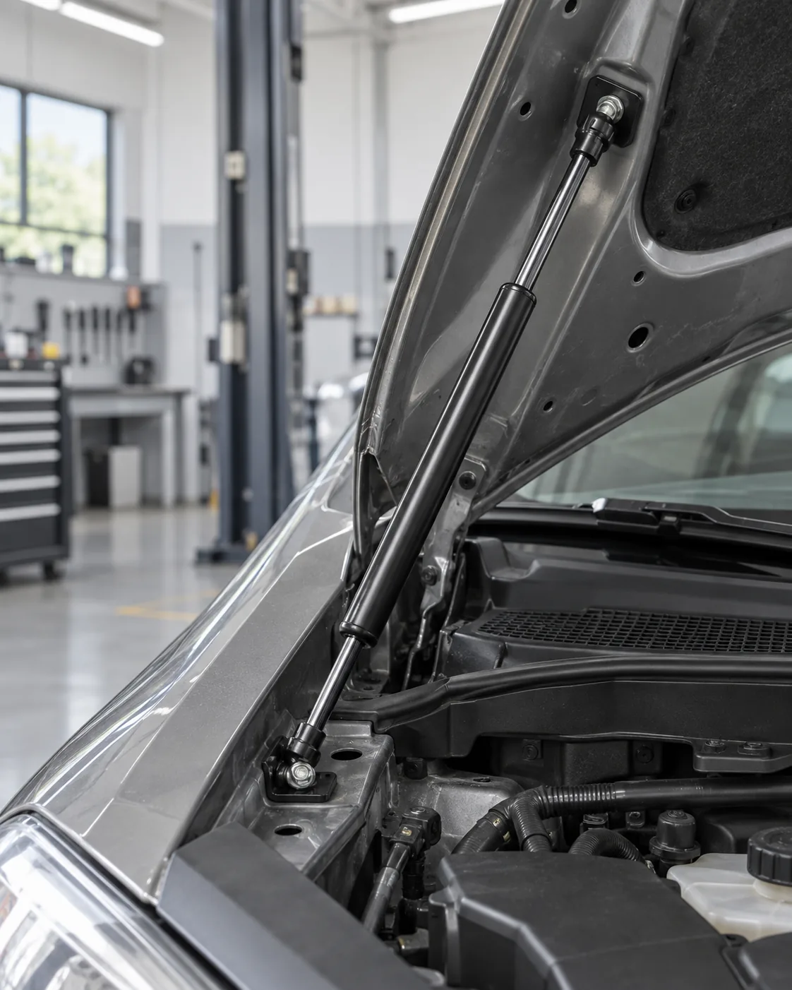 Иллюстрация газового упора открытого капота автомобиля